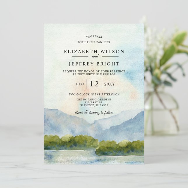 Rustic Watercolor Mountains Winter Wedding  Invitation (Standing Front)