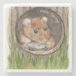 Rustic Watercolor Mouse Stone Coaster