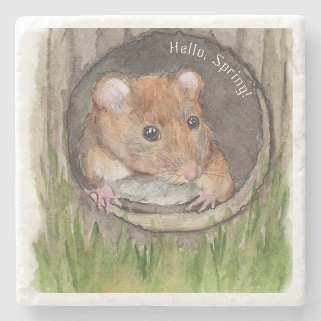 Rustic Watercolor Mouse Stone Coaster (Front)