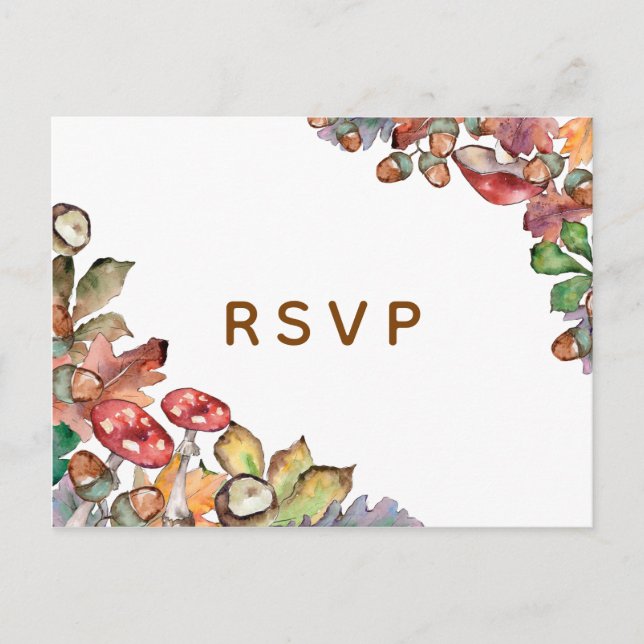 Rustic Watercolor Mushrooms Fall Wedding Invitation Postcard (Front)
