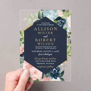 Rustic Watercolor Navy Blush Gold Floral Wedding Acrylic Invitations