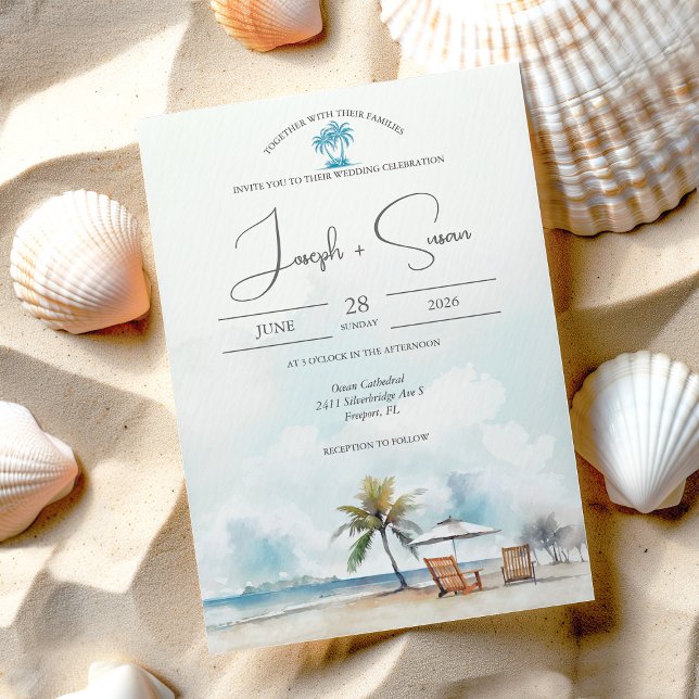 Rustic Watercolor Ocean Beach & Palm Tree Wedding  Invitation (Creator Uploaded)
