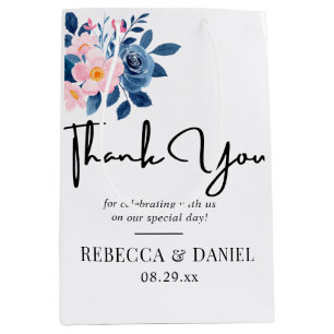 rustic watercolor of a pink & blue floral bouquet medium gift bag