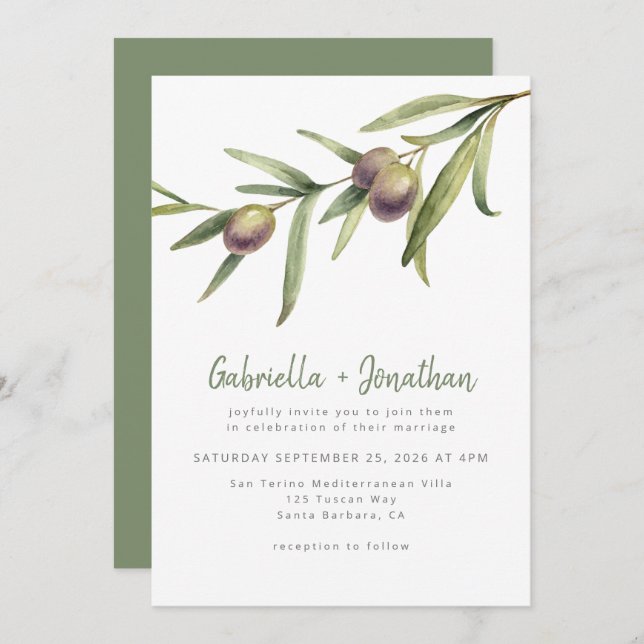 Rustic Watercolor Olive Branch Green Wedding Invitation (Front/Back)