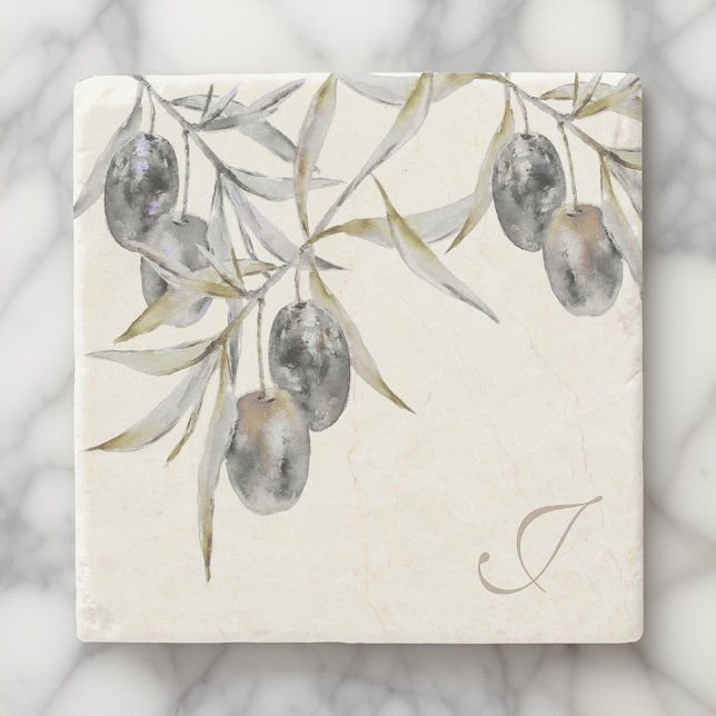 Rustic Watercolor Olive Branch Monogram Stone Coaster (Creator Uploaded)