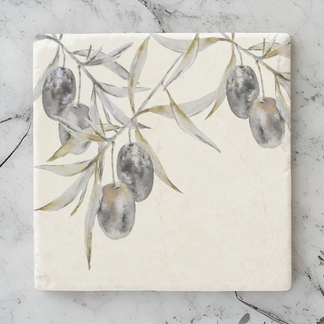 Rustic Watercolor Olive Branch Stone Coaster (Creator Uploaded)