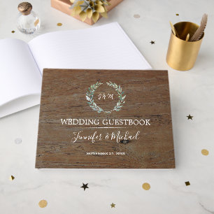 Rustic Watercolor olive leaves dark wood Wedding Guest Book