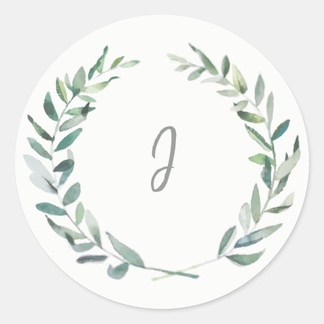 Rustic watercolor olive leaves monogram classic round sticker (Front)
