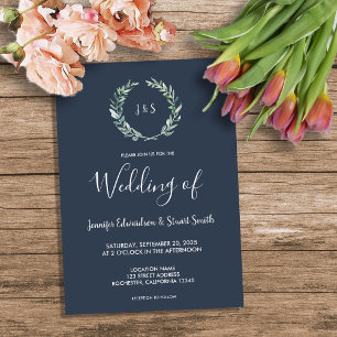 Rustic watercolor olive leaves monogram Wedding Invitation