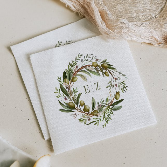 Rustic Watercolor Olive Wreath Wedding Napkin (Creator Uploaded)