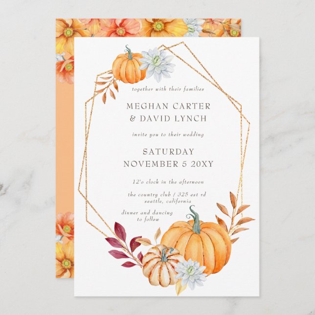 Rustic Watercolor Orange Pumpkins Fall Wedding Invitation (Front/Back)
