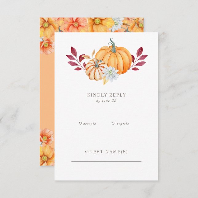 Rustic Watercolor Orange Pumpkins Fall Wedding RSVP Card (Front/Back)