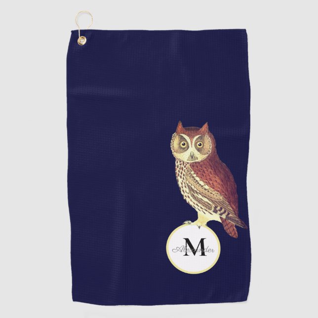 Rustic Watercolor Owl Monogram Name Navy Blue Golf Towel (Front)