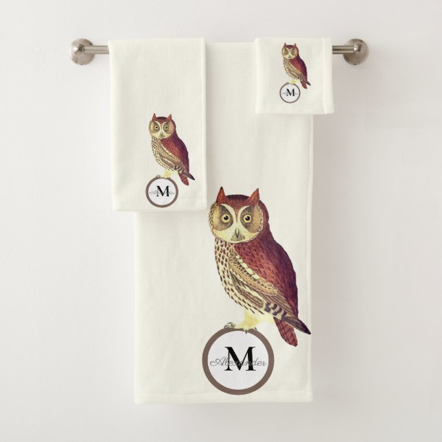 Rustic Watercolor Owl Monogram Name White Bath Towel Set (Insitu)