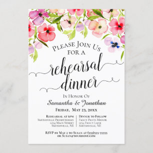 Rustic Watercolor Pansies Wedding Rehearsal Dinner Invitation