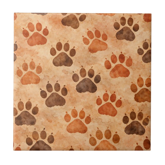 Rustic Watercolor Paw Print Pattern (1) Ceramic Tile (Front)