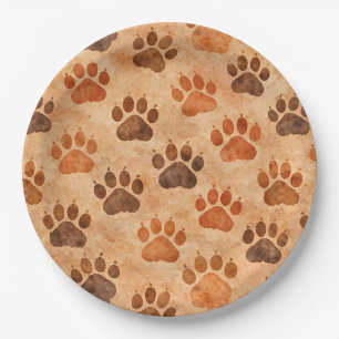 Rustic Watercolor Paw Print Pattern (1) Paper Plate