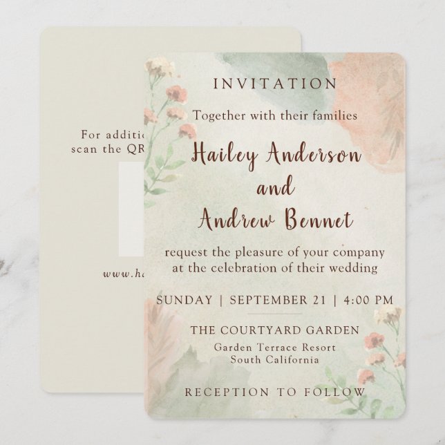 Rustic Watercolor Peach and Green Minimal Wedding Invitation (Front/Back)