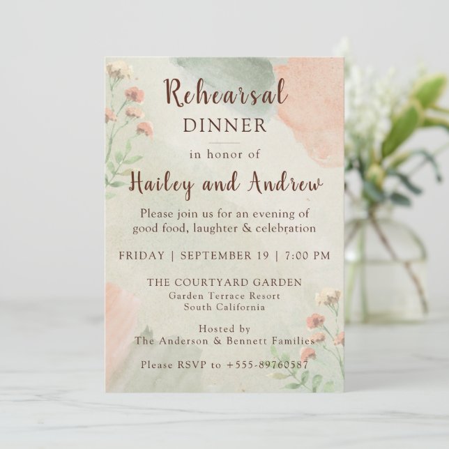 Rustic Watercolor Peach & Green Rehearsal Dinner  Invitation (Standing Front)