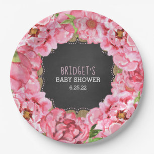 Rustic watercolor peonies baby shower decor paper plate