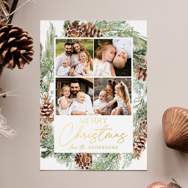 Rustic Watercolor Pine Cone Photo Collage Foil Holiday Card (Creator Uploaded)