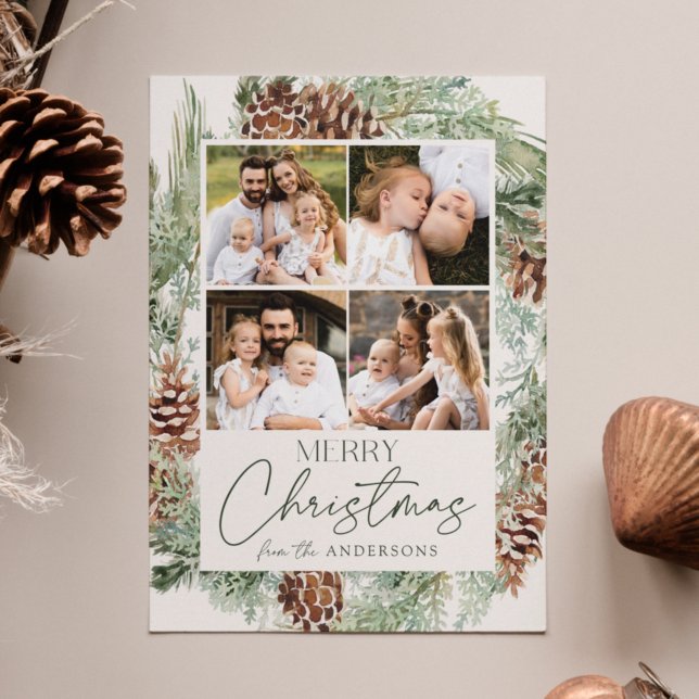 Rustic Watercolor Pine Cone Wreath Photo Collage Holiday Card (Creator Uploaded)