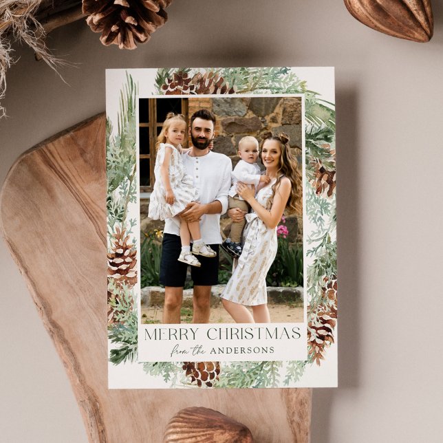 Rustic Watercolor Pine Cone Wreath Photo Holiday Card (Creator Uploaded)