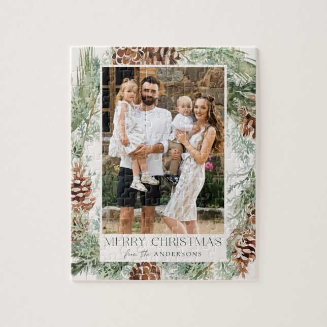 Rustic Watercolor Pine Cone Wreath Photo Jigsaw Puzzle (Vertical)