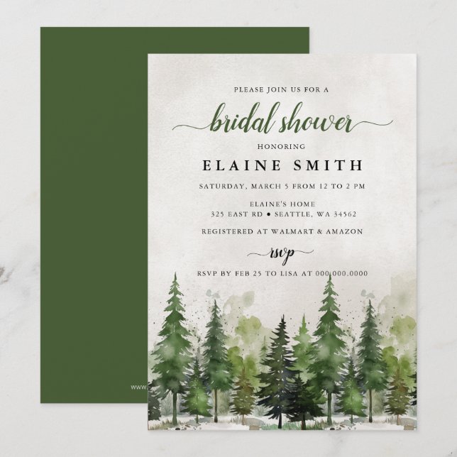 Rustic Watercolor Pine Forest Bridal Shower Invitation (Front/Back)