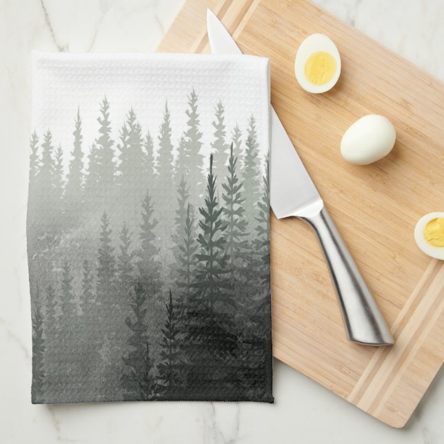 Rustic Watercolor Pine Forest Monogrammed Tea Towel (Quarter Fold)