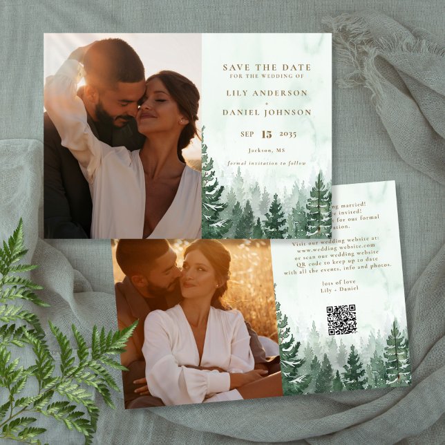 Rustic Watercolor Pine Forest Photo QR Code Save The Date (Rustic Watercolor Pine Forest Photo QR Code Save The Date)