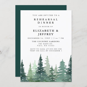 Rustic Watercolor Pine Forest Rehearsal Dinner Invitation