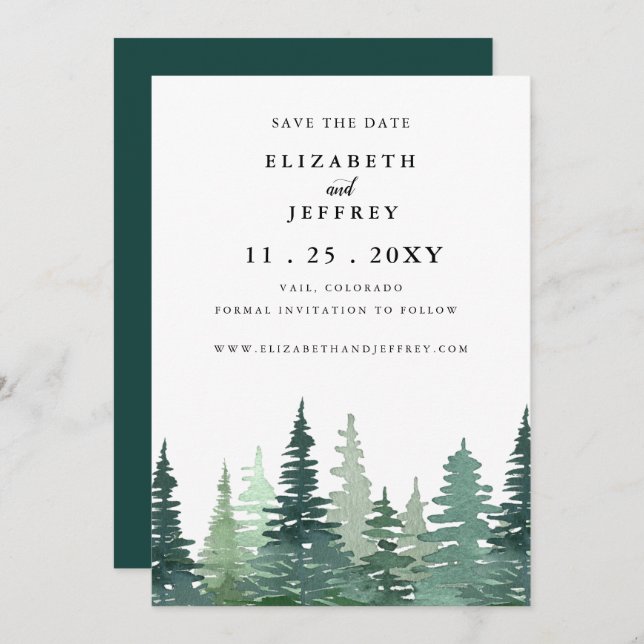 Rustic Watercolor Pine Forest Save The Date  Announcement (Front/Back)