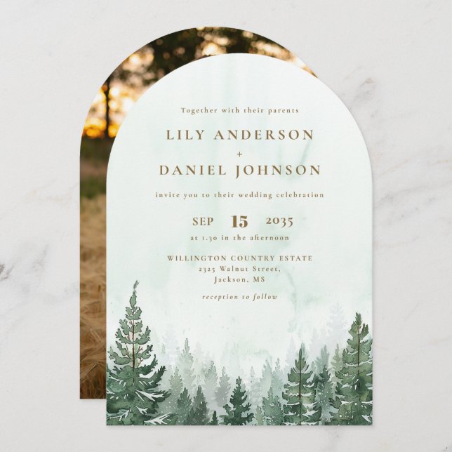 Rustic Watercolor Pine Forest Wedding Arch Photo Invitation (Front/Back)
