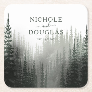 Rustic Watercolor Pine Forest Wedding Favour  Square Paper Coaster