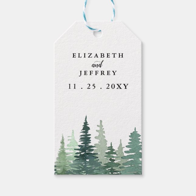 Rustic Watercolor Pine Forest Winter Wedding  Gift Tags (Front)