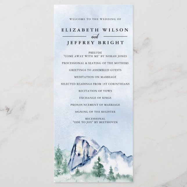 Rustic Watercolor Pine Forest Winter Wedding  Program (Front)
