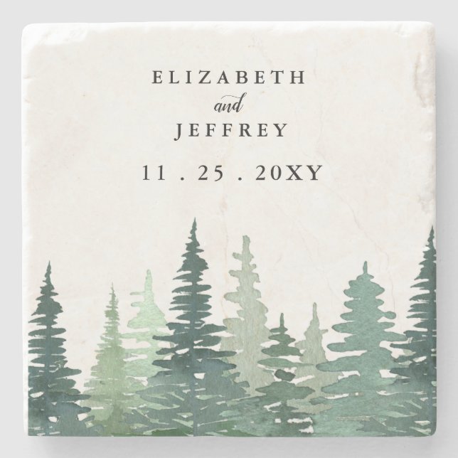 Rustic Watercolor Pine Forest Winter Wedding   Stone Coaster (Front)