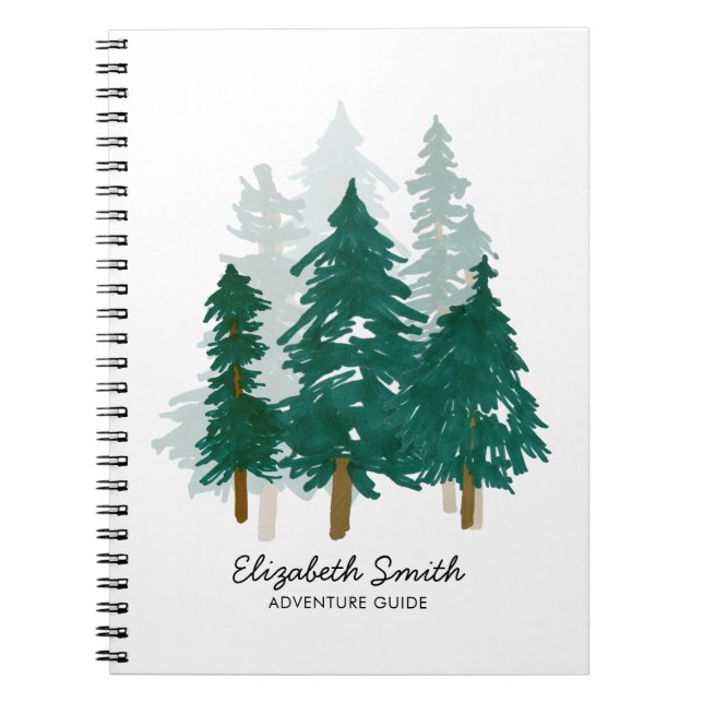 Rustic Watercolor Pine Forest Woods Script Name Notebook (Front)