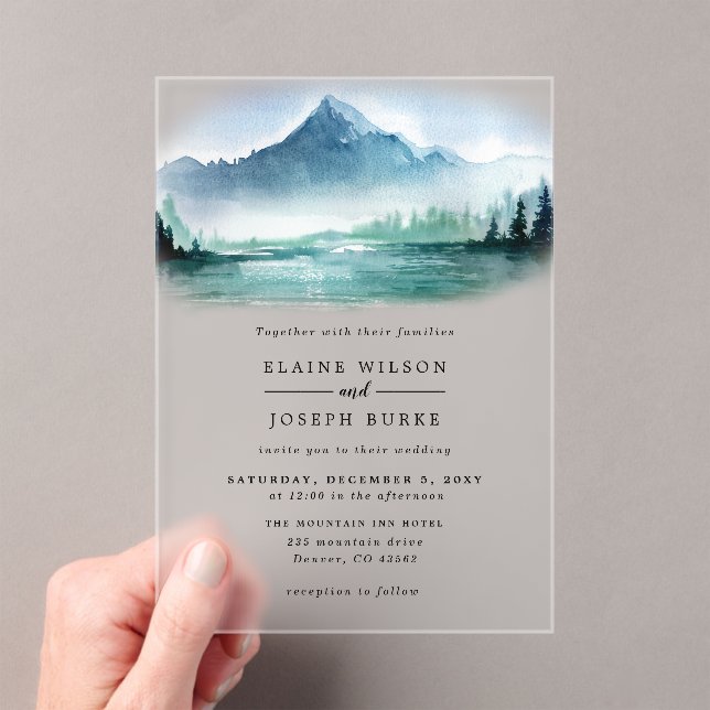 Rustic Watercolor Pine Mountains Lake Wedding Acrylic Invitations (Insitu (Handheld))