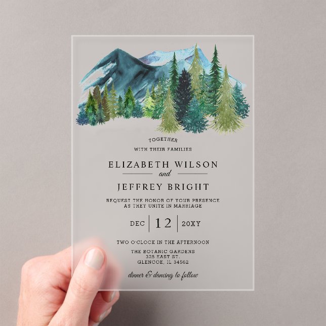 Rustic Watercolor Pine Mountains Wedding Acrylic Invitations (Insitu (Handheld))