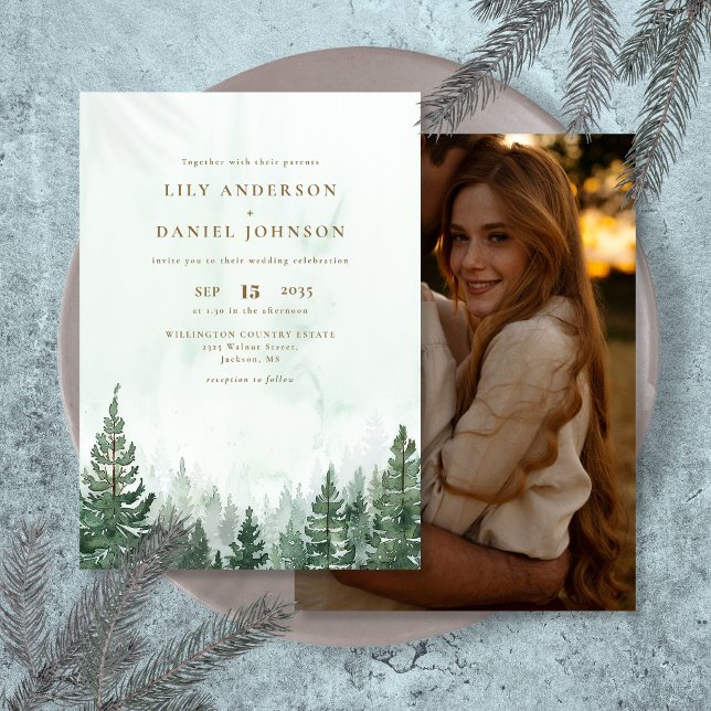 Rustic Watercolor Pine Tree Forest Photo Wedding Invitation (Rustic Watercolor Pine Tree Forest Photo Wedding Invitation)