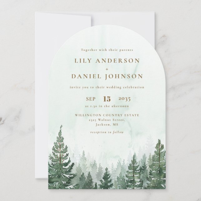 Rustic Watercolor Pine Tree Forest Wedding Arch Invitation (Front)