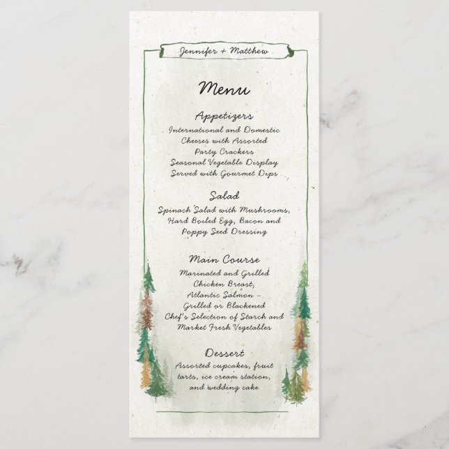 Rustic Watercolor Pine Tree Forest Wedding Menu (Front)