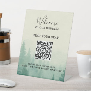 Rustic watercolor pine tree forest wedding QR code Pedestal Sign