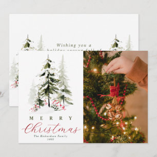 Rustic Watercolor Pine Trees Christmas Photo Holiday Card