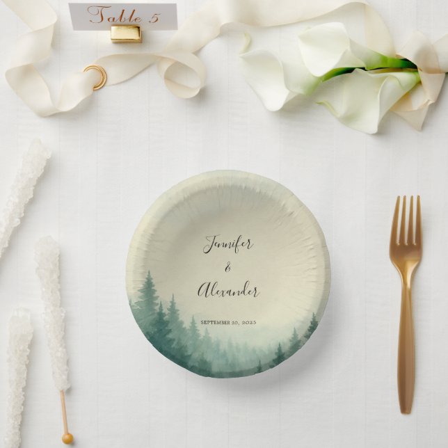 Rustic watercolor pine trees forest wedding paper plate (Wedding)
