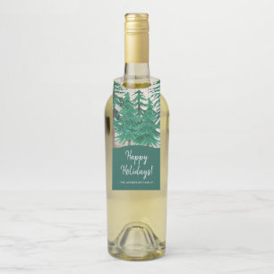 Rustic Watercolor Pine Trees Happy Holidays Bottle Tag