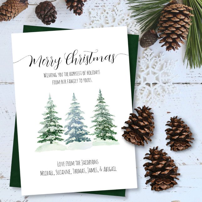 Rustic Watercolor Pine Trees Merry Christmas Holiday Card (In Situ with Pinecones)