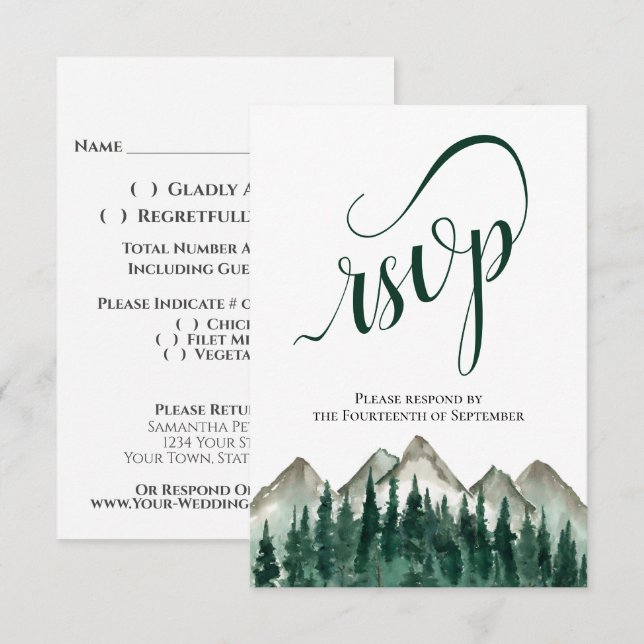 Rustic Watercolor Pine Trees & Mountains Wedding RSVP Card (Front/Back)